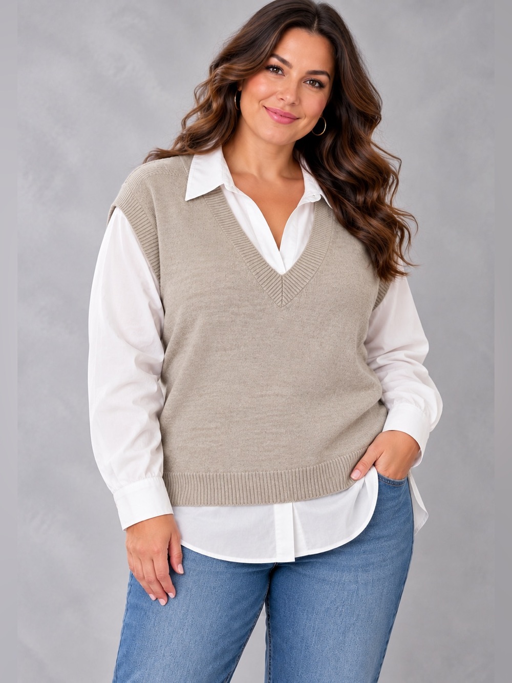 NWT Skies Are Blue Beige V-Neck Sweater Vest with White Shirt Detail, Size Large